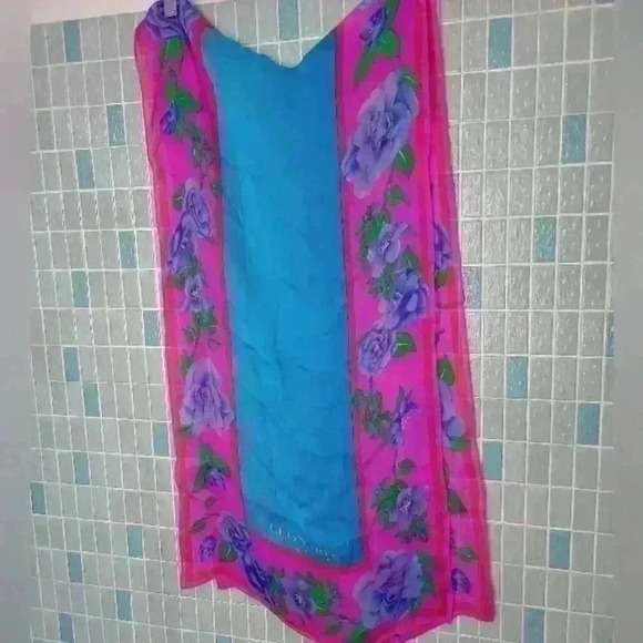 Leonard Paris Vintage Floral Silk Scarf Blue Pink - Picture 2 of 12